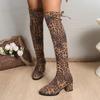 Модные облегающие ботфорты Осень Новые Круглый носок Панельные Леопардовая замша Квадратный каблук Ботфорты выше колена