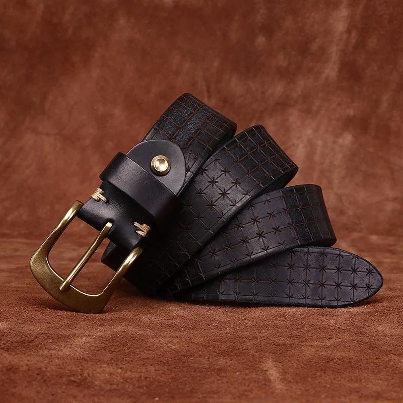 3.8CM High Quality Pure Cowhide Genuine Leather Men's Brass Buckle 5.5mm Thick Belts Retro Jeans Waistband Male Belts for Men