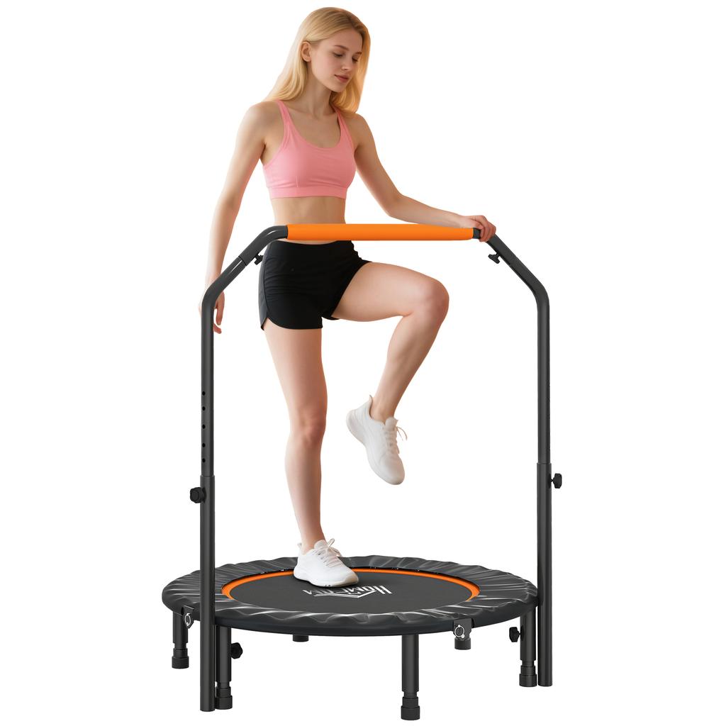 40" Foldable Mini Fitness Trampoline, with Adjustable Foam Handle, Orange