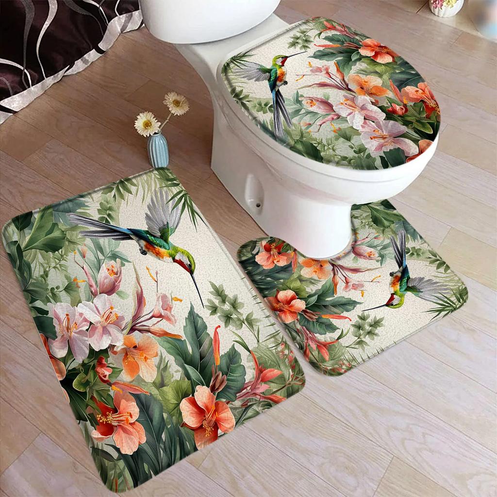 Hummingbird Bath Mat Set White Flowers Green Plants Birds Rustic Home Carpet Bathroom Decor Floor Rugs U-Mats Toilet Lid Cover