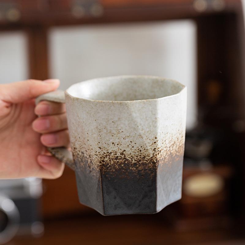 Polygonal ceramic coffee cup coarse pottery Japanese mug creative cup gift preferred water cup gift recommendation