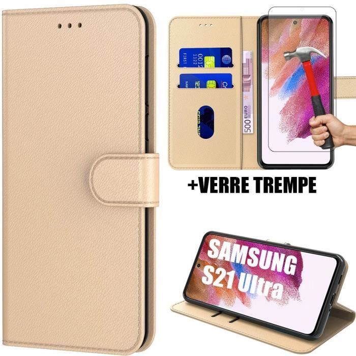 Coque et 2 Verres Trempés - Booling - pour Samsung S21 Ultra - Doré - Anti Rayure - Anti-Choc