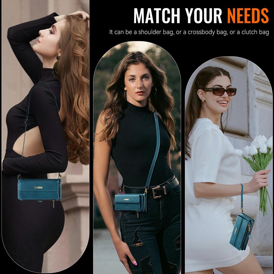 Чехол-кошелек Mega Storage RFID Blocking с 9 слотами для карт для Samsung S25 S24 S23 S22 A56 A55 A54 A53 с подставкой, магнитной застежкой-молнией и 2 ремнями