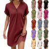 Women's Fashion V-neck Solid Color Pullover Casual Button Dress