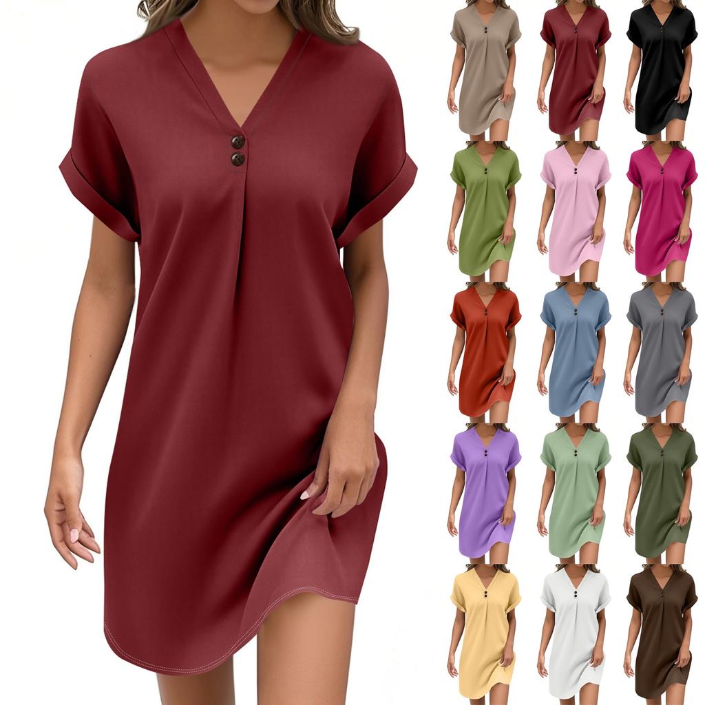 Women's Fashion V-neck Solid Color Pullover Casual Button Dress
