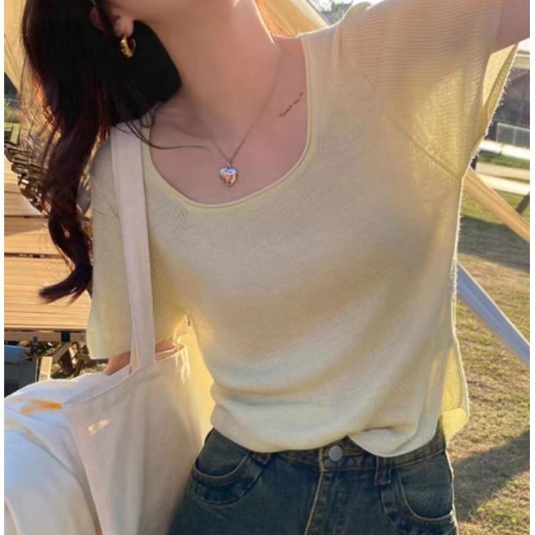 Трикотажный свитер, женская футболка с короткими рукавами и U-образным вырезом, дизайн Sense Niche, тонкая розовая рубашка, летняя повседневная модель Essential Slim Fit, пуловеры, футболки