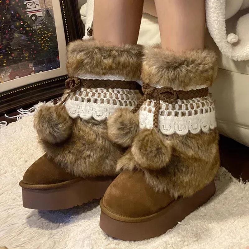 Bow Fur Snow Boots Women Platform Ankle Shoes Winter Suede Flats Warm 2025 New Brand Fashion Sweet Chelsea