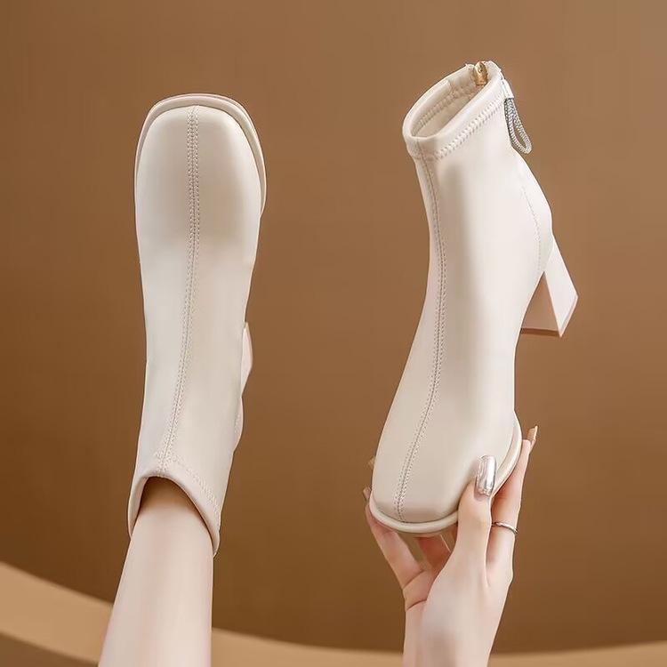 Туфли на толстом каблуке, Флисовые ботильоны с квадратным носком, Женские ботильоны из мягкой кожи