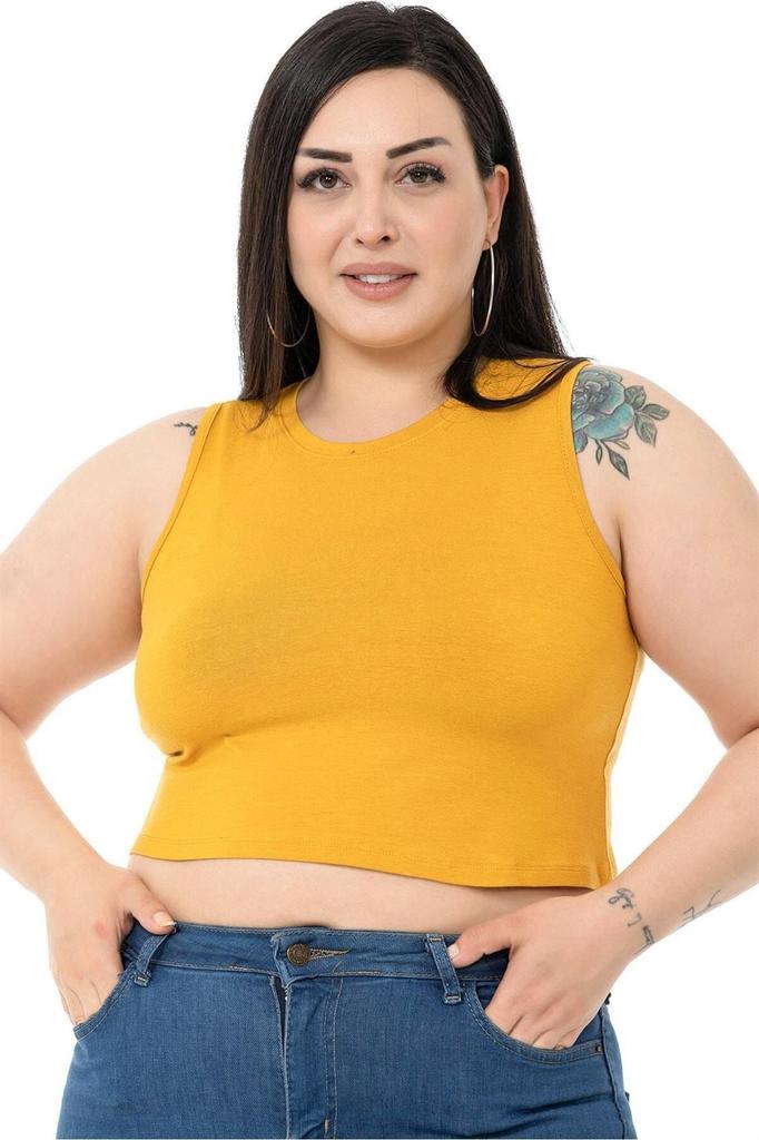 Женский стиль, боди большого размера, большие размеры, с круглым вырезом, без рукавов, укороченное боди из вискозы горчичного цвета