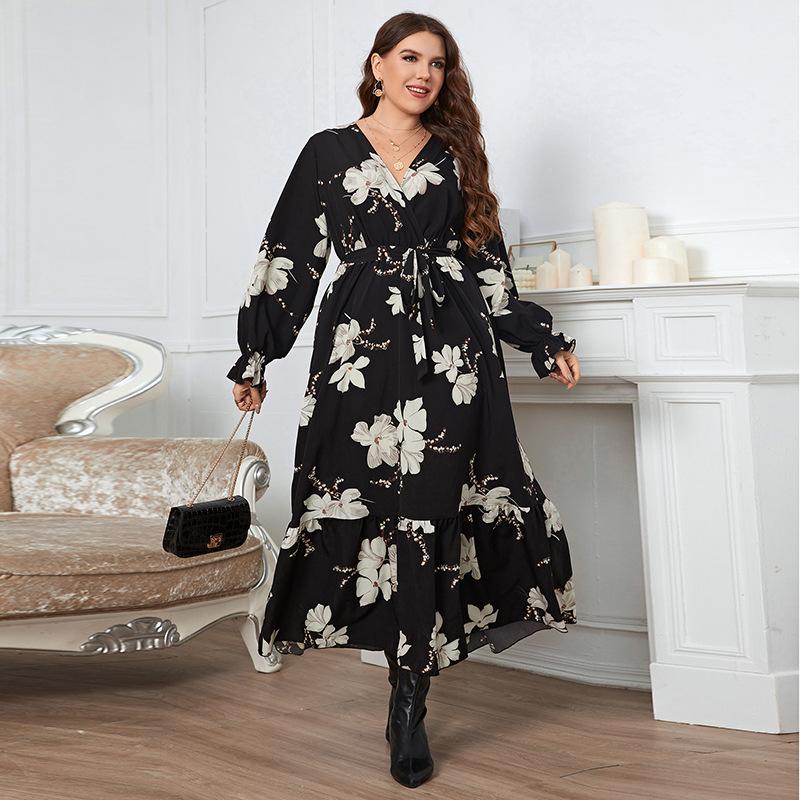 Temperament Elegant Printed V-Neck Petal Sleeve Women's Plus Size Dresses