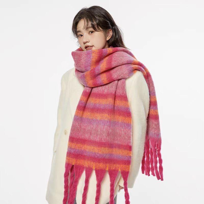 Plaid Scarf Women's Atmosphere Warm New Dry Rose Powder Autumn and Winter White Soft Fringed Shawl Scarf