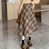 Women Midi Skirt High Waist A-Line Woolen Skirt Plaid Pattern Slimming Mid-calf Skirt Daily Home Street Wear