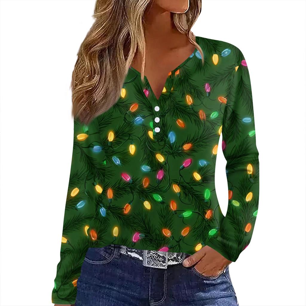 Женская футболка с рождественским принтом на пуговицах с длинным рукавом, повседневная, выходного дня, модная, базовая, с V-образным вырезом, обычная