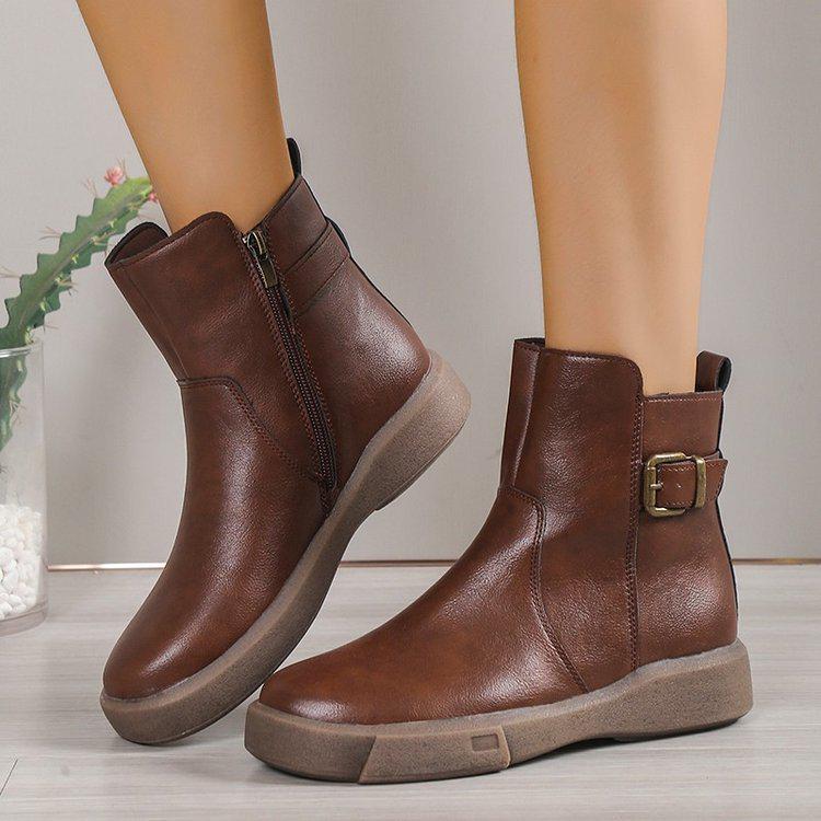 Women's Retro Round Toe Side Zipper Martin Boots - Short Tube, Thick Sole, Flat Bottom, British Style, Plus Size Available.