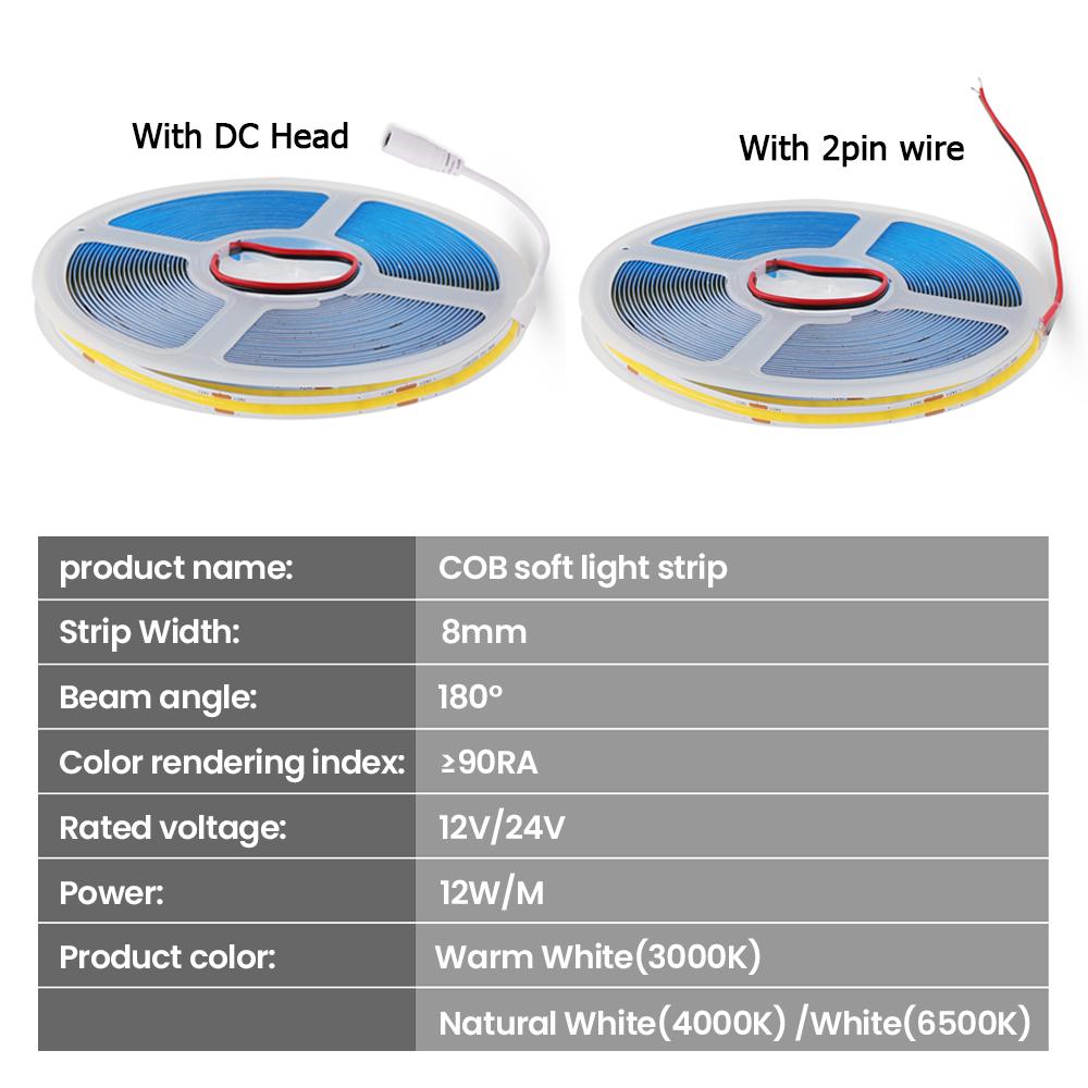 Светодиодная лента COB 12 В 24 В, 320 светодиодов/м, гибкая лента высокой плотности, 8 мм, FOB, лента, 5 м, 10 м, RA90, теплая природа, холодная белая линейная лента