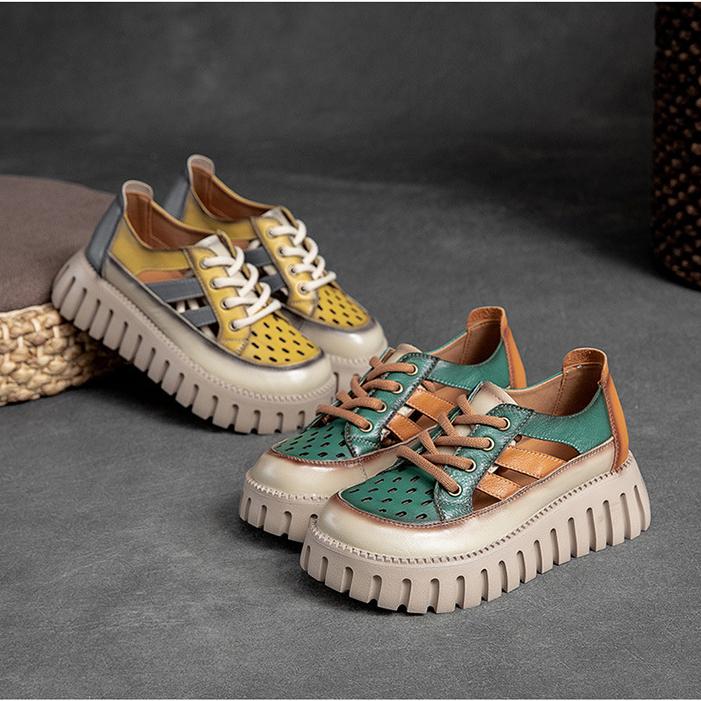 Johnature Сандалии из натуральной кожи разных цветов на толстой подошве в стиле ретро, ​​женские туфли на плоской платформе в римском стиле на шнуровке