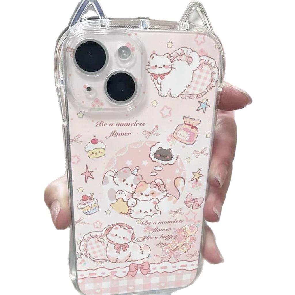 Cat Ear Mobile Phone Case for Apple Mobile Phone Case Light Luxury High-end Rippling Borderless Cartoon for Apple Mobile Phone Case Transparent