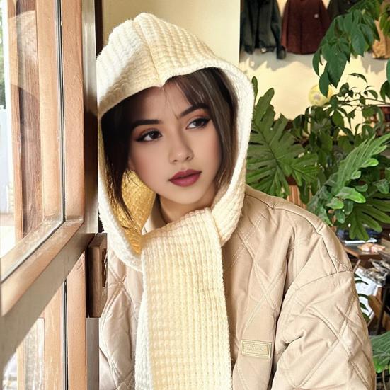 Knit Hat with Integrated Scarf Windproof Thick Headwear Wrapped Design Hat Ear Protection Photography Hat Reversible Scarf Outdoor Cap