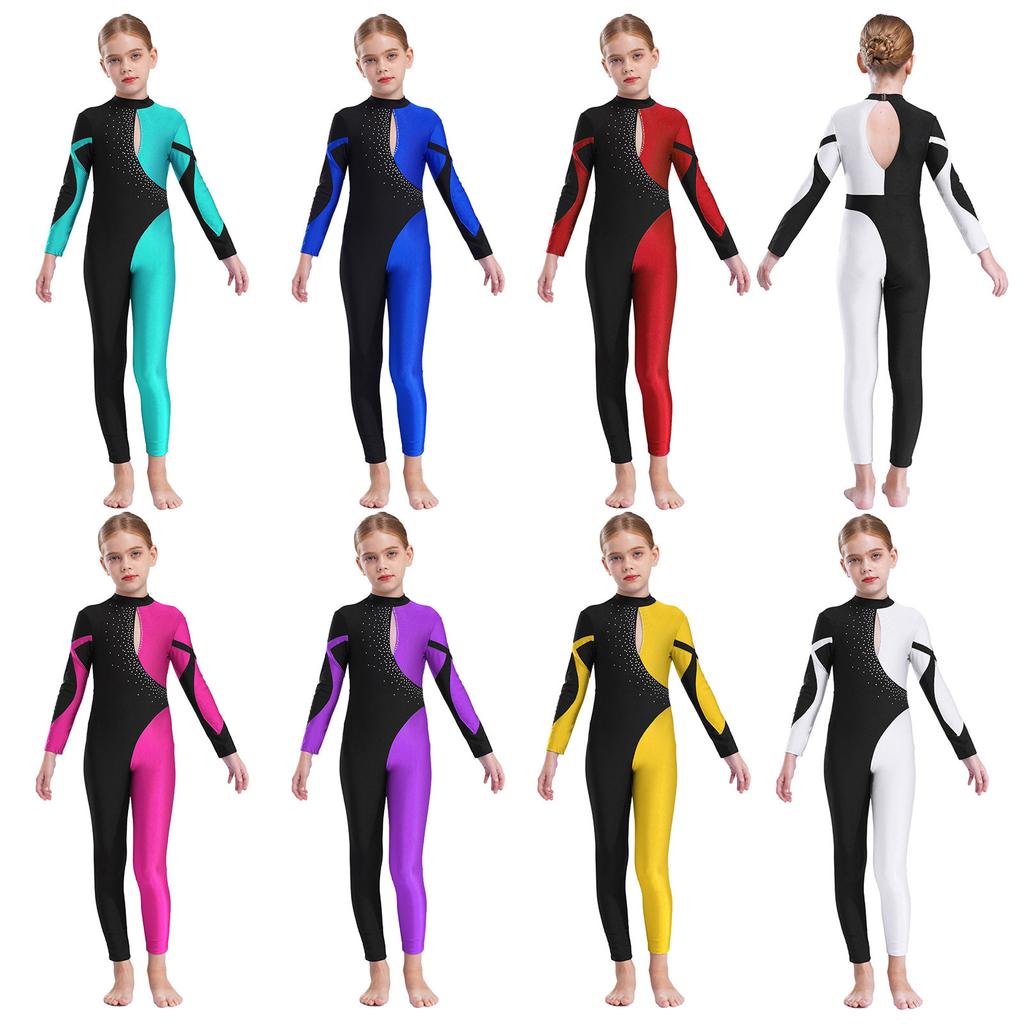 Girls Long Sleeve Stand Collar Shiny Rhinestone Decorated Contrast Color Hollow Back Dance Jumpsuit Performance Costume