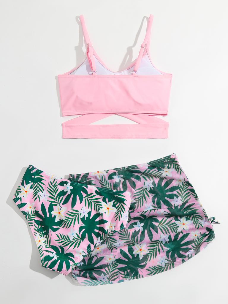 Модный комплект купальников для девочек из 3 предметов, детский летний пляжный купальный костюм с принтом сверху