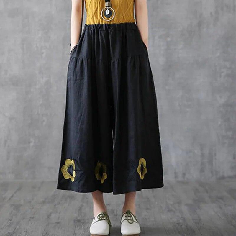 Летние винтажные широкие брюки с вышивкой в ​​семь точек, хлопковые и льняные повседневные брюки с эластичной резинкой на талии и карманами в стиле пэчворк.