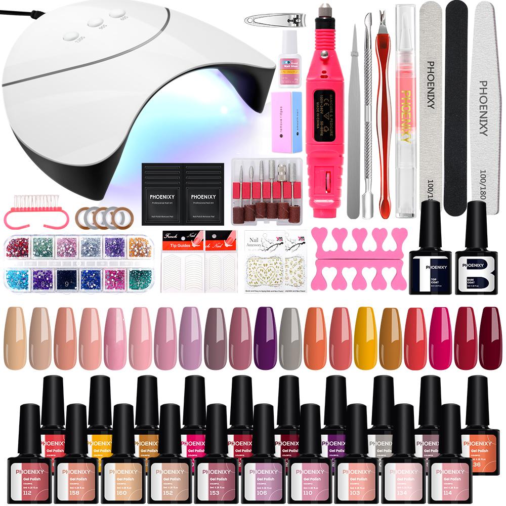 Набор гель-лаков для ногтей PHOENIXY, 20 цветов, лак для ногтей с лампой 36 Вт, набор аксессуаров для маникюра, базовое верхнее покрытие, набор для маникюрного салона