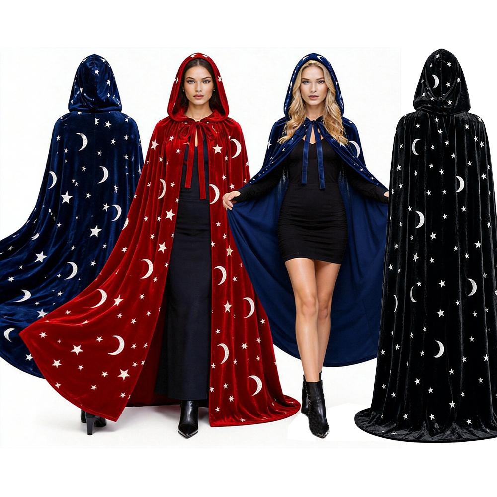 Halloween Wizard Witch Cloak Hooded Velvet Long Cape With Star Moon Print Renaissance Medieval Fancy Dress Costume Women Outfits