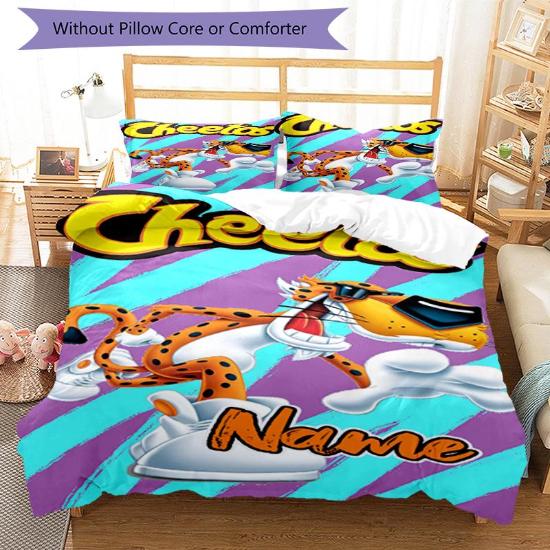 3pcs Custom Name Cheetos Bedding Set Duvet Cover Closure Includes 1 Duvet Cover & 2 Pillowcases, Soft and Comfortable for All Seasons.