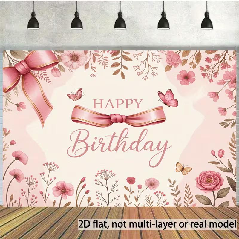 2D Butterfly Floral Happy Birthday Backdrop Soft Pink Bow Background for Women Birthday Party Photo Booth