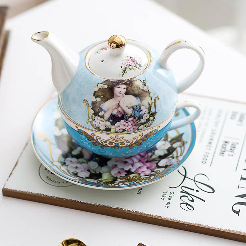 BORREY Bone China Чайный горшок Набор Цветочный чайник Керамическая чашка Офисная кофейная чашка Кружка Послеобеденный чайный сервиз в британском стиле Набор из 4 предметов