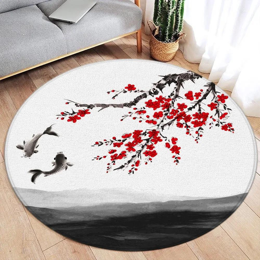 Japanese-style Koi and Cherry Blossoms Rug, Non-slip Floor Mat for Living Room, Bedroom, Bathroom, Holiday Home Decoration