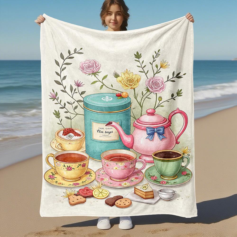 1pc Tea Time Tea Party Outdoor Flannel Blanket Soft Warm All-Season Throw for Sofa Bed Car Camping Office, Cozy Gift Idea1282S
