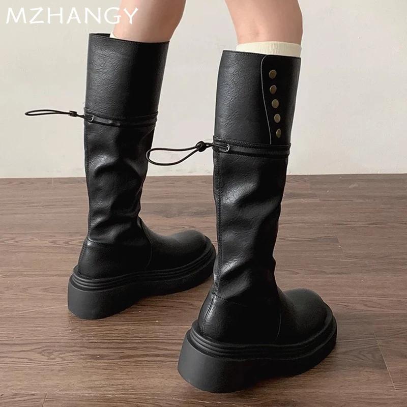 Модные женские высокие сапоги на платформе, кожаные туфли, зимняя мода, высокие сапоги до колена, женские зимние сапоги 2024 года, платье, женские сапоги Челси, ботинки