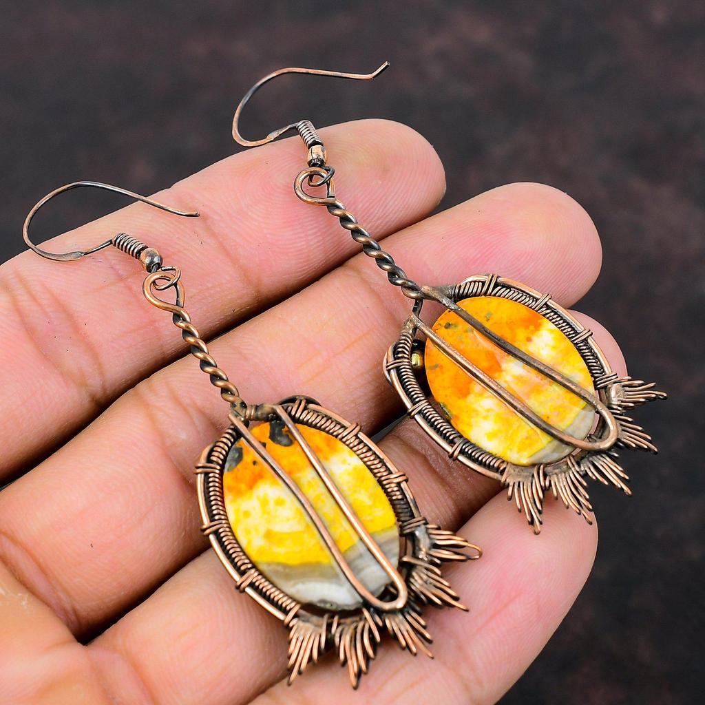 Серьги «Шмель-пчела» из яшмы, серьги из медной проволоки, уникальные серьги ручной работы, ювелирные изделия из драгоценных камней, серьги-капли, подарок для мамы, медные украшения