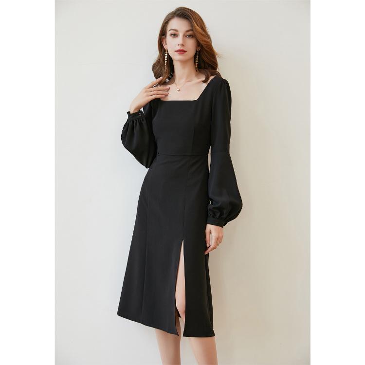 Осень 2023 Ретро Платье-миди с пышными рукавами и дворцовым воротником