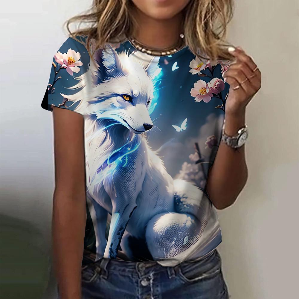 3D printed fox pattern women's T-shirt summer casual round neck top short sleeve loose T-shirt daily outing short sleeve