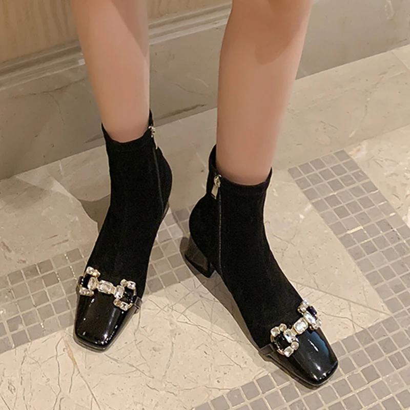 Кристалл Роскошь Высокий Каблук Снежные Ботильоны Женская Обувь Замша Квадратный Носок Тренд Осенние Туфли-Лодочки Дизайнерское Платье Mujer Zapatillas
