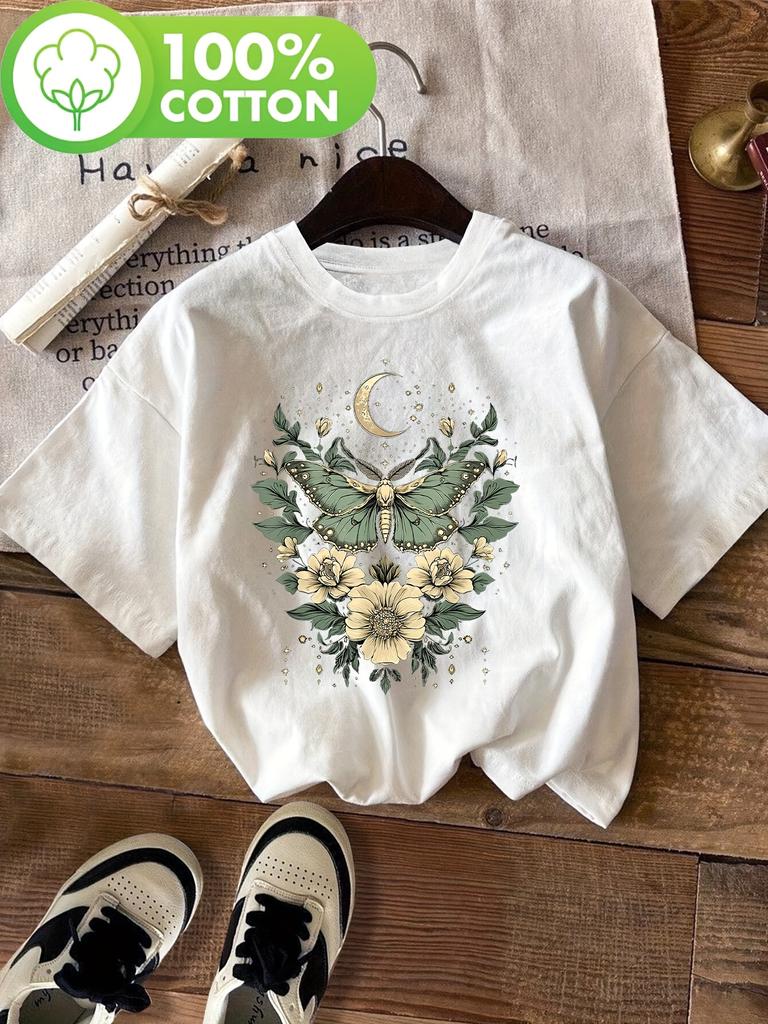 Women's Casual Short Sleeve Crew Neck 100% polyester T-Shirt Butterfly Floral Print with Moon Stars Spring & Summer Top Clothing