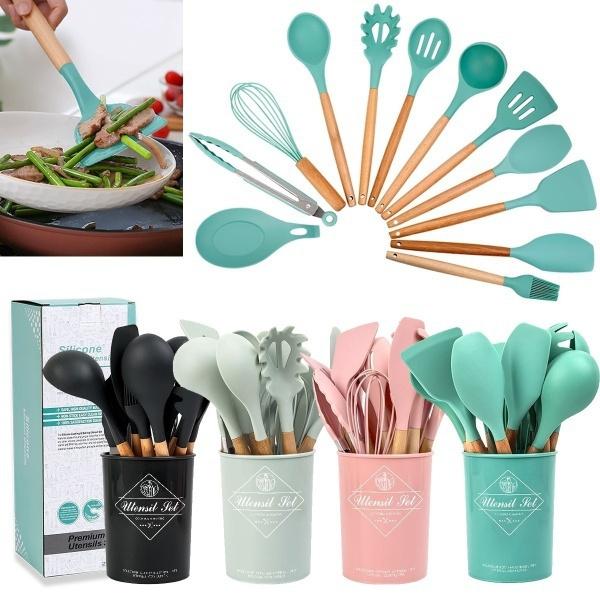 Wooden Handle Silicone Kitchenware Healthy Cookware Spatula Soup Spoon Brush Ladle Pasta Colander Non-stick Cookware Kitchen Tools