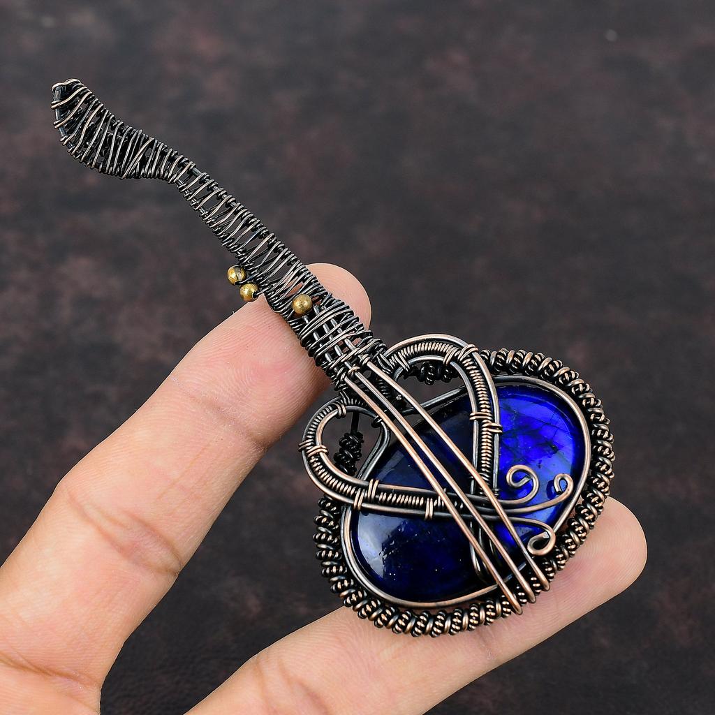 Подвеска из лабрадорита с синим огнем, медная проволока, кулон с драгоценным камнем, ювелирные изделия ручной работы, гитара, музыкальный инструмент, медные украшения для подарка
