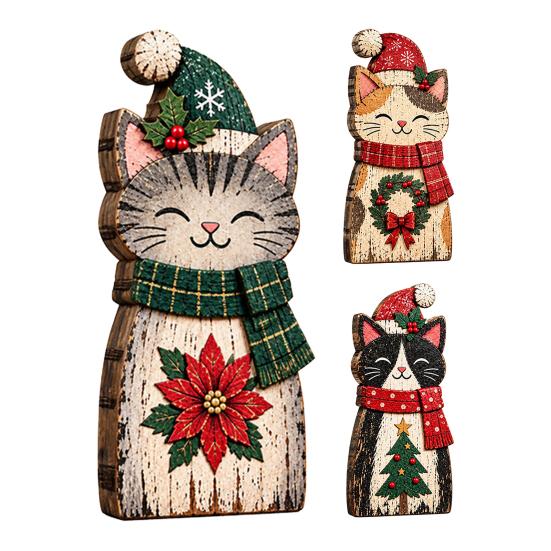 Whimsical Cat Room Decor Wooden Table Sign, Rustic Christmas Block Sign with Hat And Scarf, Retro Style Festive Ornament 2D Flat Vintage Farmhouse