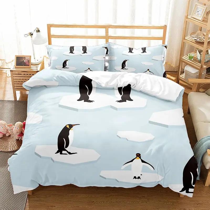 Cute Penguin Comforter Cover For Kids Lovely Printed Duvet Sets Twin Animals 2/3 Pieces Bedding Sets(Quilt Cover+ Pillow Case)