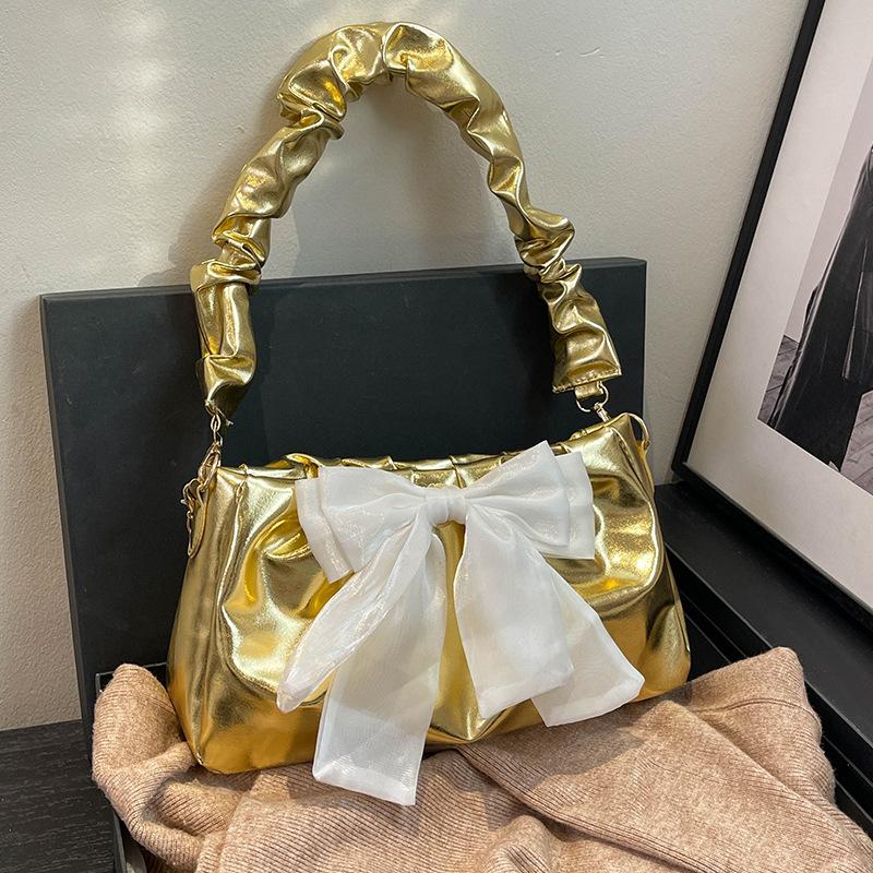 Модная плиссированная сумка подмышкой для женщин, новая трендовая сумка через плечо с бантом, милая и симпатичная сумка через плечо