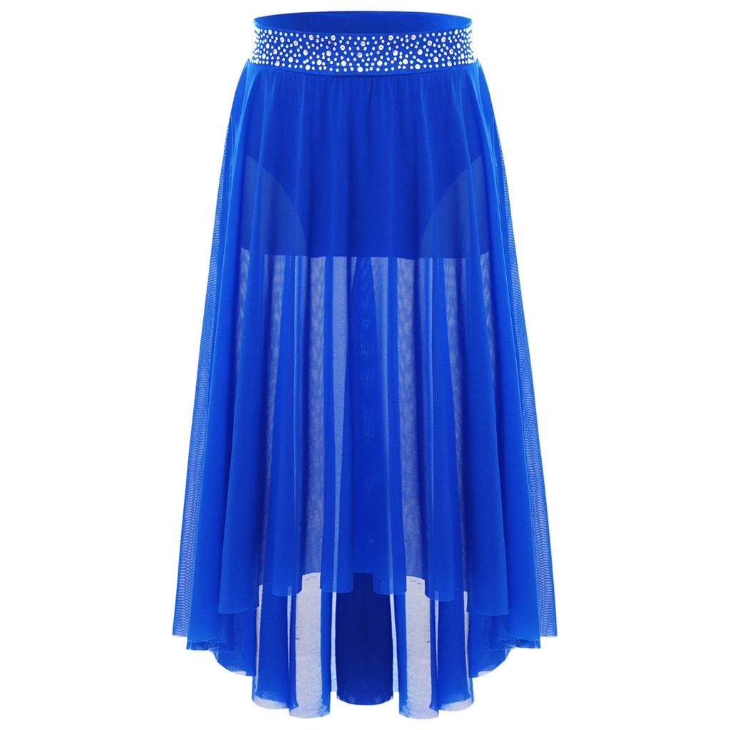 Юбка для лирического танца для девочек с блестящим поясом из стразов, сетчатая юбка хай-лоу, боковой разрез, современный