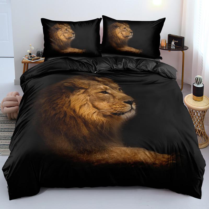 Lion Tiger King Queen Duvet Cover Lovely Wild Animals Bedding Set For Kids Teens Adults Wildlife Grey Black 2/3pcs Quilt Cover