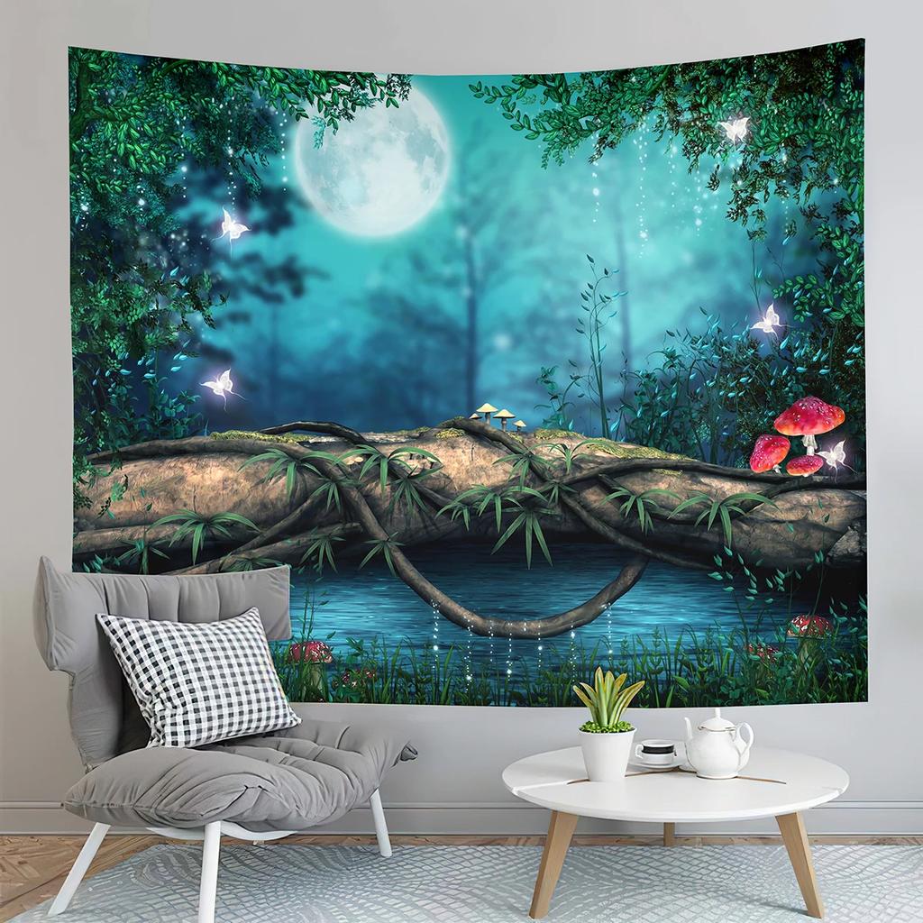 Fairy Tale Forest Tapestry Full Moon Night Red Mushroom Living Room Bedroom Dormitory