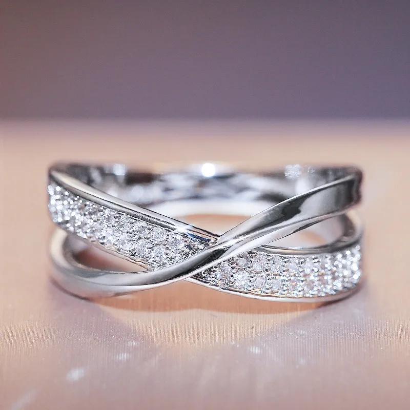 Classic Female Ring 925 Silver Two Tone X Shape Cross Rings For Women Infinite Dazzling Zircon Wedding Rings Anillos