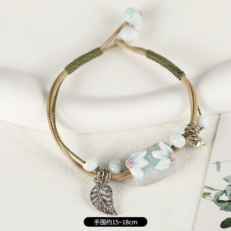 Retro Ceramic Flower Woven Bracelet Niche Literary Hand Rope Small Fresh Bell Bracelet Female