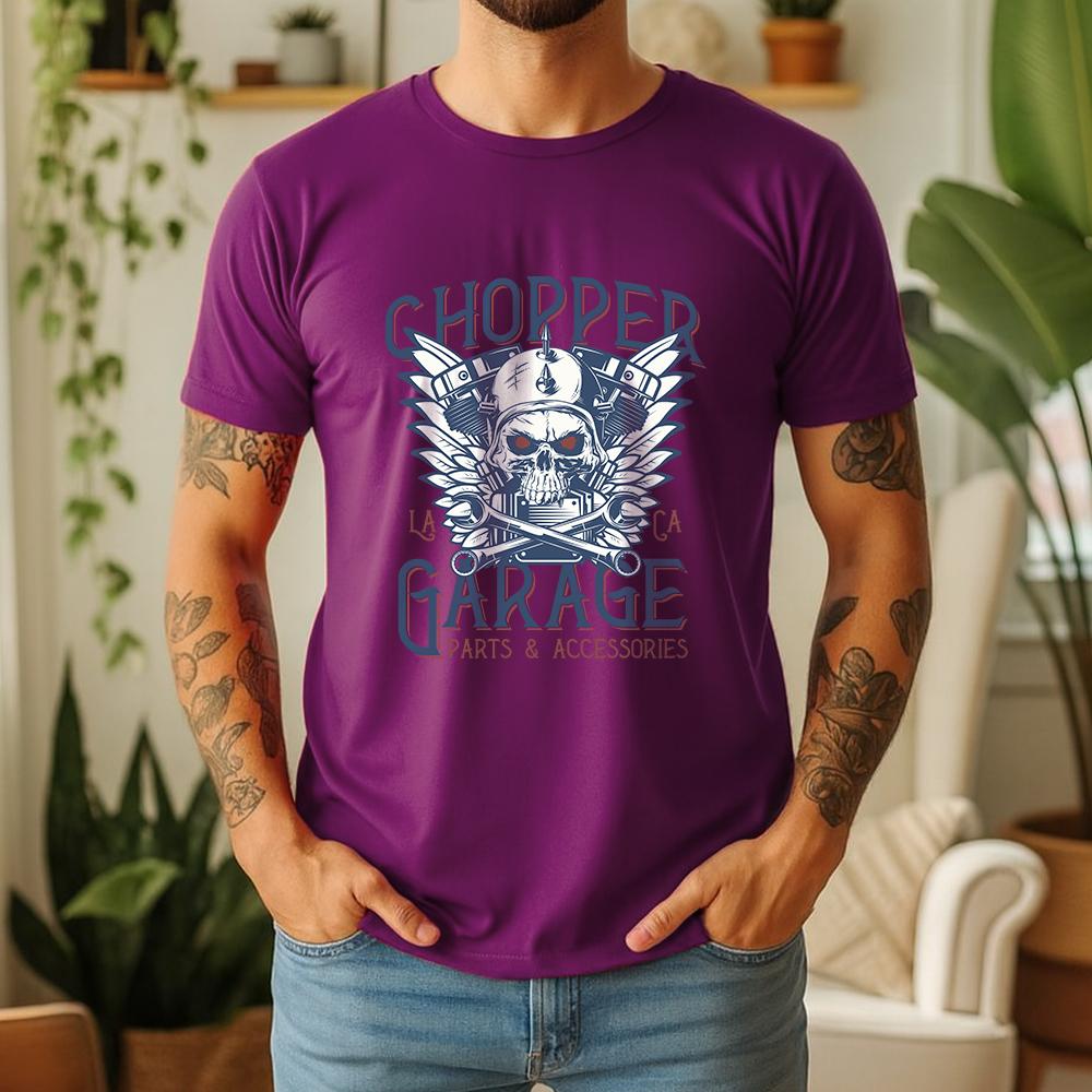 2026 New Summer Unisexs Casual Short Sleeve Cotton Tee Chopper Garage Skull Print Biker Daily Wear Streetwear