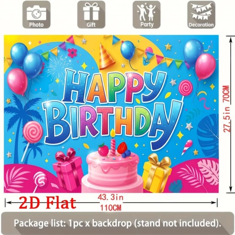Vibrant Tropical-Themed Celebration Banner with Bold Happy Birthday Lettering, Colorful Balloons, Palm Trees, Lollipops, Gift Boxes and